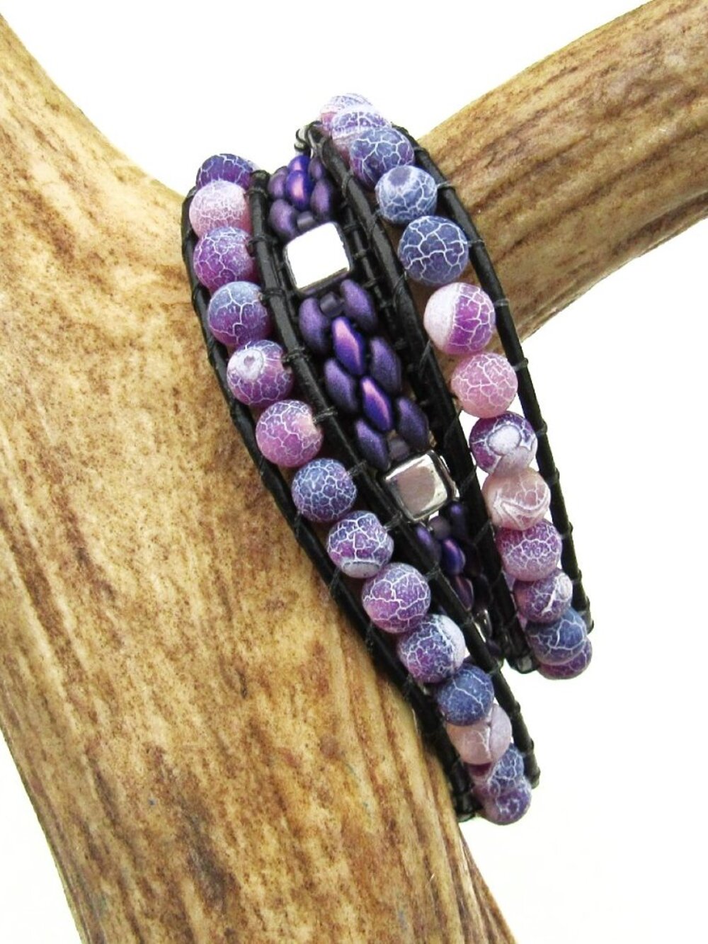 Purple Agate Triple Wrap Stone Bracelet, Leather Glass, Handmade Beaded, Western - Picture 4 of 6